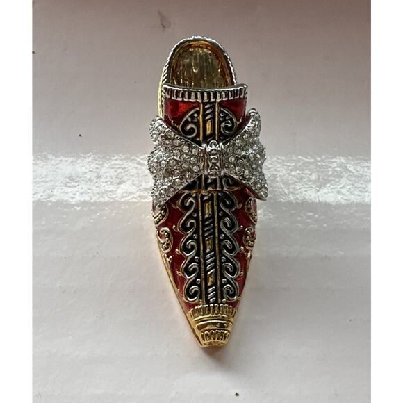 Enameled Set 2 Crystal Bejeweled Cloisonné High Heel Hinged Red Blue Trinket Box - Picture 11 of 14